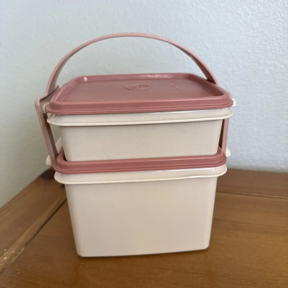 Tupperware Set - Lunch Goody Box Squares, Bowls Midget Southwestern Pink Vintage
